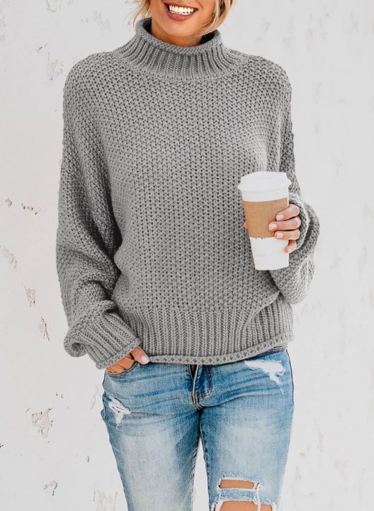 Women's Sweaters High Collar Solid Color Knit Pullover Sweaters