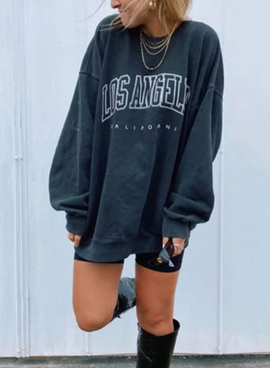 Solid Long Sleeve Round Neck Letter Sweatshirt