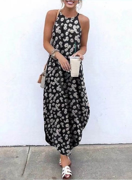 Women's Maxi Dresses Floral Sleeveless A-line V Neck Vacation Beach Boho Maxi Dress