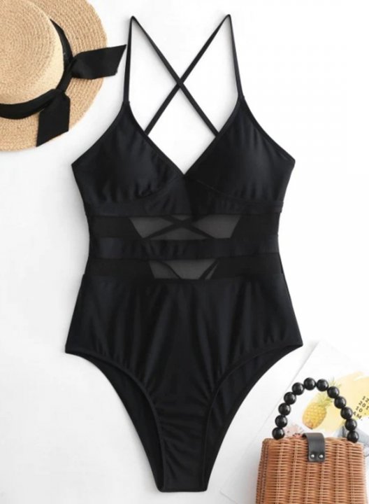 Women's One Piece Swimwear Solid Mesh Criss Cross One-Piece Swimsuit