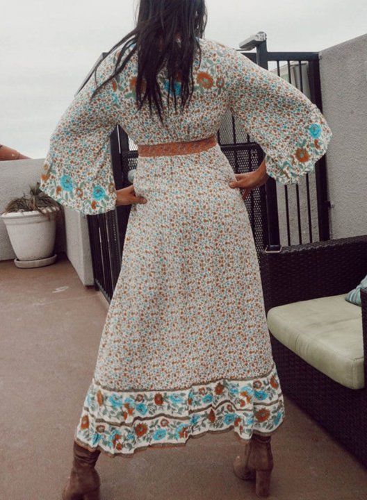 Women's Maxi Dress Floral A-line 3/4 Sleeve V Neck Knot Vintage Vacation Beach Maxi Dress