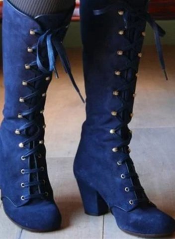 Women's Boots Solid Lace-up Chunky Heels Side Zipper Boots