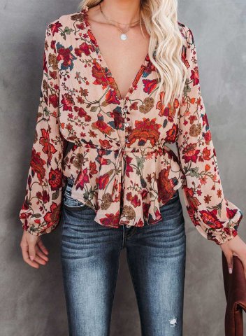 Women's Tops Floral Print Belt V Neck Long Sleeve Party Daily Date Tops