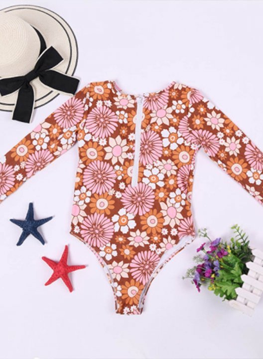 Women's Rash Guards Floral Sunscreen Round Neck Long Sleeve Unadjustable Zip Wire-free Casual Beach One-piece Suit