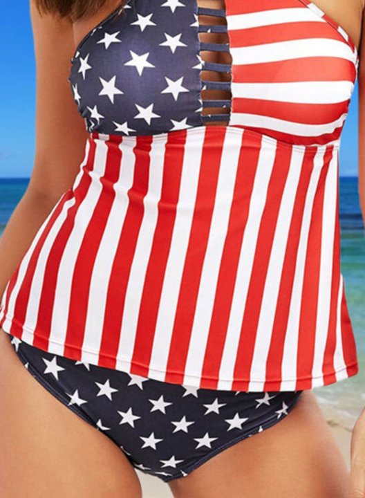 Women's Tankinis Mid Waist American Flag Color Block Cut Out Spaghetti Beach Tankinis