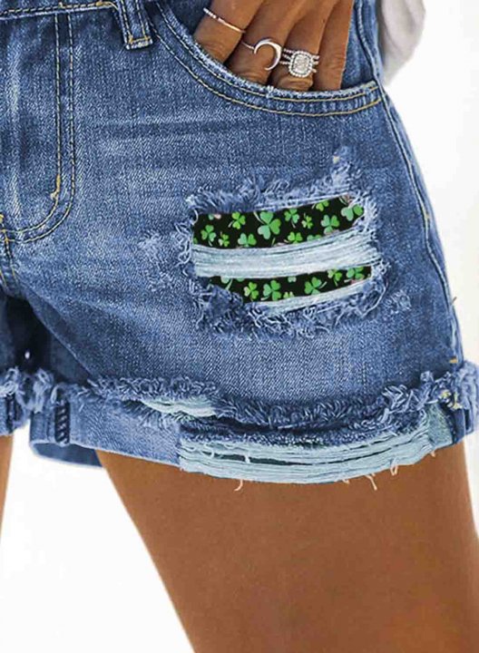 Women's Shorts Straight Fruits Plants Shamrocks Print Mid Waist Daily Ripped Jeans Shorts