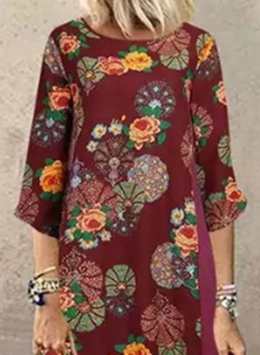 Women's Linen Maxi Dresses Floral Multicolor 3/4 Sleeve Round Neck Boho Vintage Maxi Dress