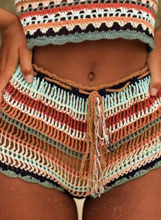 Women's Swim Shorts Color Striped Crochet Knit Swimming Shorts