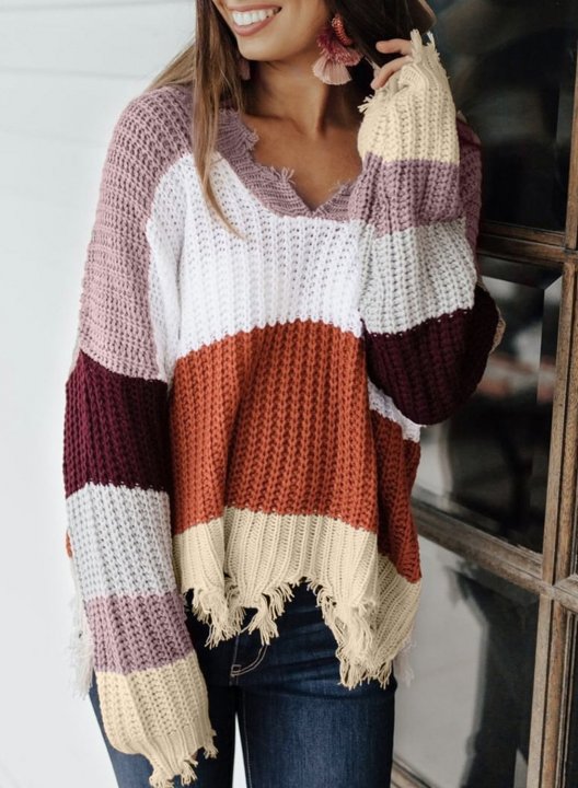 Women's Sweaters Casual Striped Distressed Sweaters