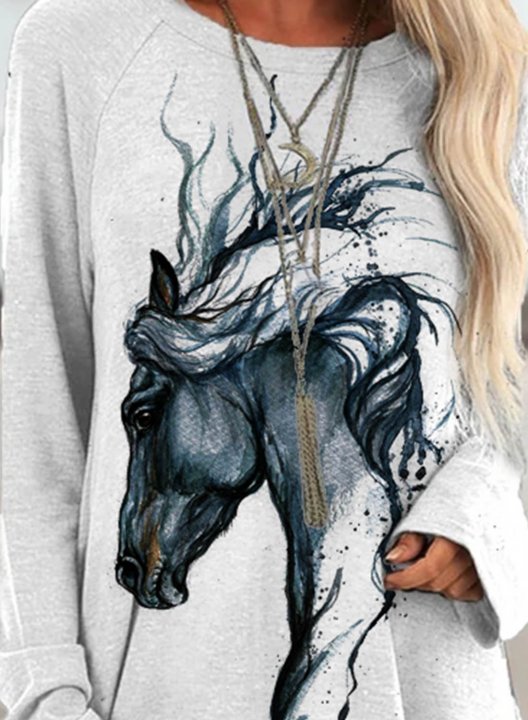 Women's T-shirts Horse Pattern Long Sleeve Round Neck Daily Casual Tunic T-shirt