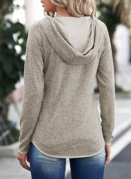 Solid V Neck Button Long Sleeve Hoodie