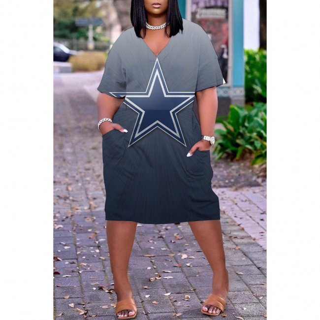 Dallas Cowboys Print Fashion Casual V Neck Short Sleeve Dress