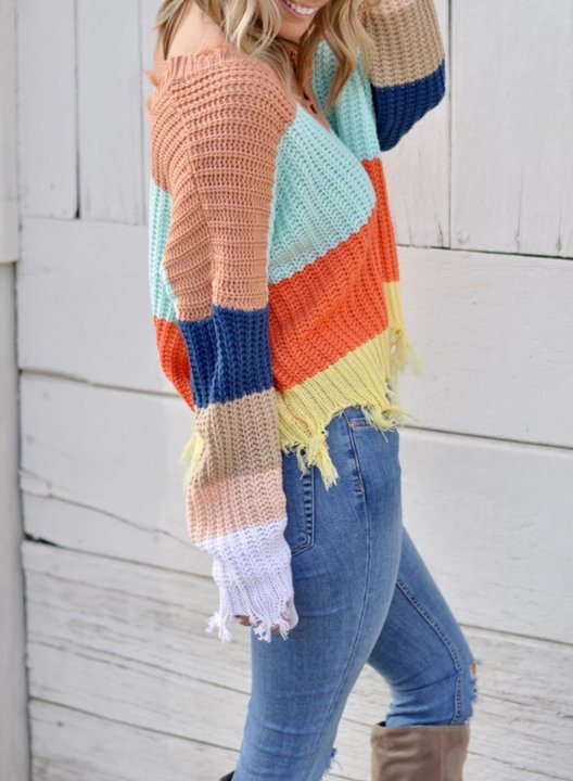 Women's Sweaters Casual Striped Distressed Sweaters