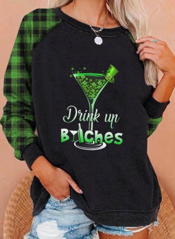 Women's Funny St Patrick's Day Sweatshirts Plaid Drink up Bitches Print Long Sleeve Round Neck Sweatshirt