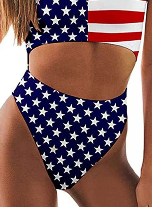 Women's One Piece Swimwear Color Block American Flag 4th Of July Spaghetti Cut Out One-Piece Swimsuit