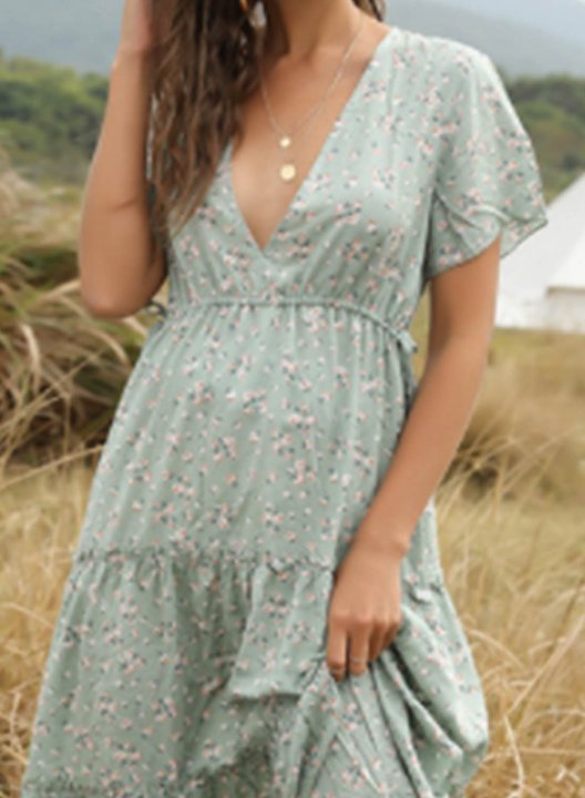 Women's Maxi Dresses Floral Short Sleeve V Neck Vintage Daily Maxi Dress