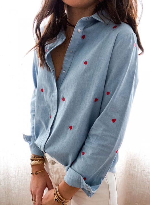 Women's Blouses Heart-shaped Button Turn Down Collar Long Sleeve Casual Daily Blouses