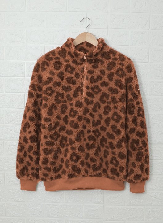 Leopard Long Sleeve High Neck Zip Sweatshirt