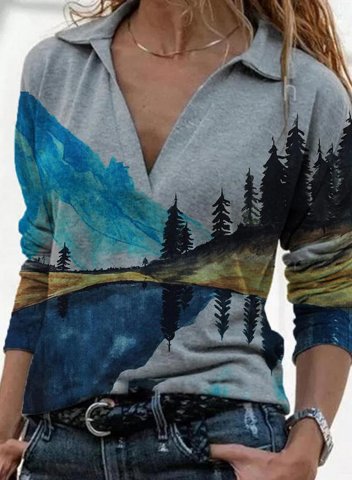 Women's Pullovers Landscape Abstract Long Sleeve Turn Down Collar Daily Pullover