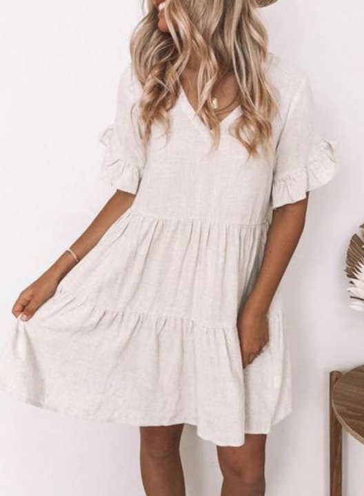 Women's Mini Dresses Fashion Solid Beach Short Sleeve Flare V Neck Ruffle Dress