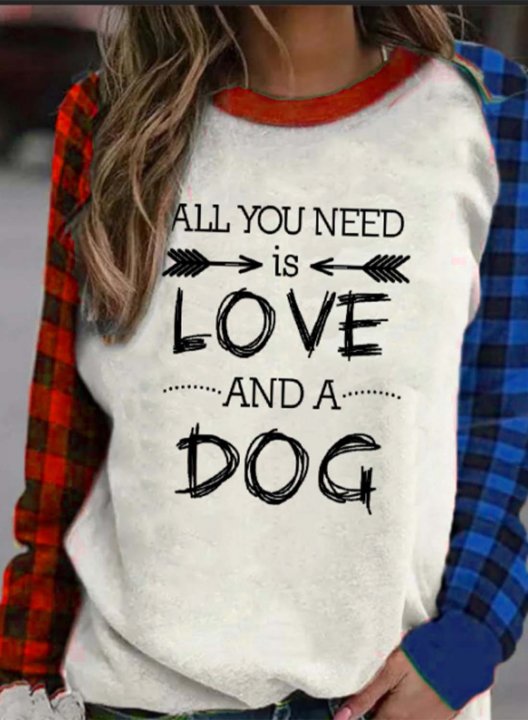 Women's Funny Sweatshirts Plaid Letter All You Need is Love and A Dog Sweatshirts