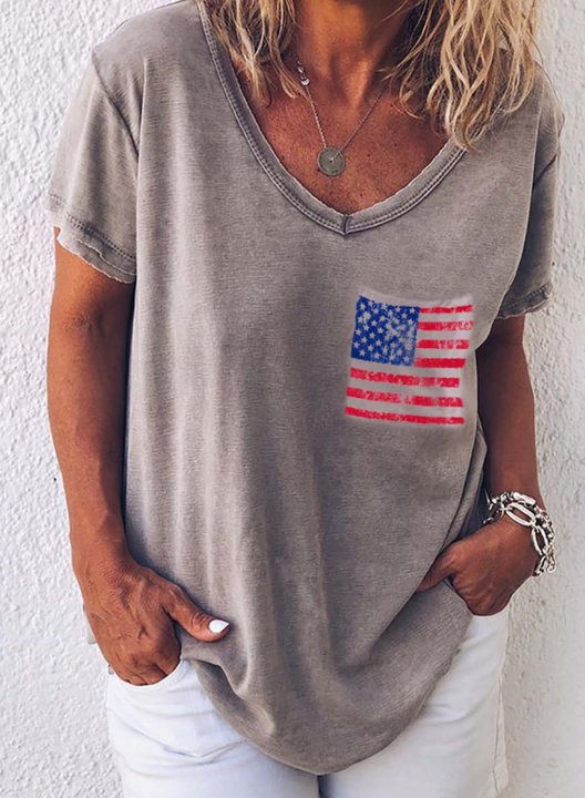 Women's T-shirts American Flag Print Short Sleeve V Neck Daily T-shirt