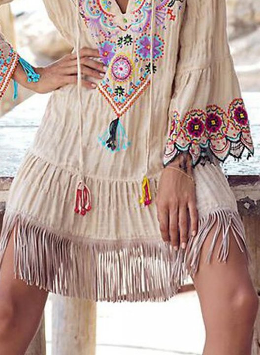 Women's Dress Drawstring Tribal Fringe Embroidery Mini Dress