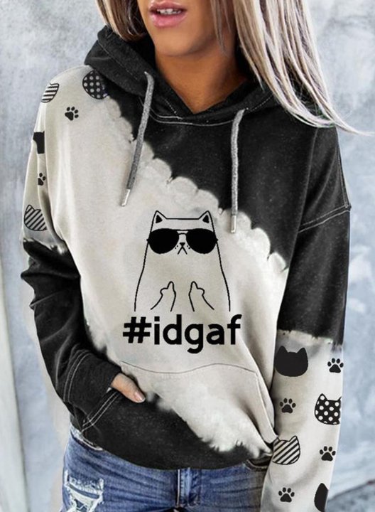 Women's Cute Cat idgaf Print Hoodies Drawstring Long Sleeve Color Block Hoodies With Pockets