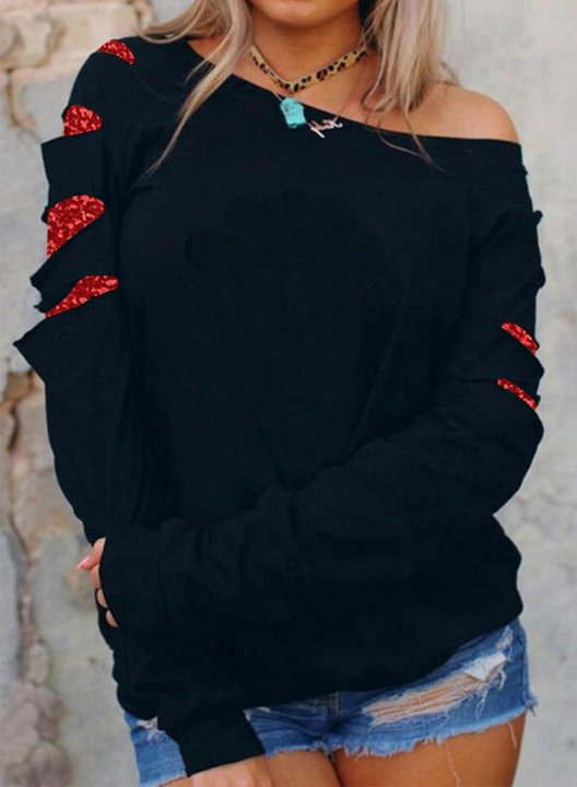 Women's Sweatshirt Cut-out Sequin Long Sleeve Asymmetrical Cold-shoulder Casual Pullover