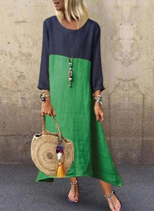 Women's Maxi Dresses Color Block Long Sleeve A-line Round Neck Casual Daily Maxi Dress