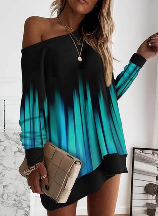 Women's Mini Dresses Fashion Color Block Long Sleeve Shift One-shoulder Dress