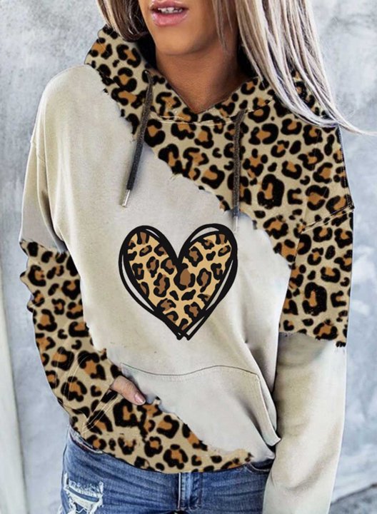 Women's Leopard Hoodies Leopard Heart Print Color-block Long Sleeve Casual Pocket Hoodie