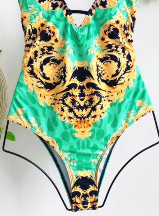 Women's One Piece Swimwear Leopard Tropical Print V Neck Open Back Knot One-Piece Swimsuit