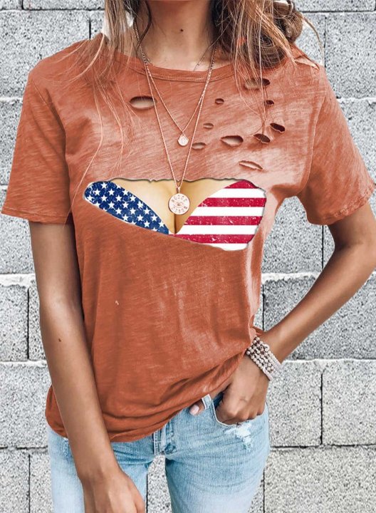 Women's T-shirts Flag Abstract Print Short Sleeve Round Neck Daily Cut-out T-shirt