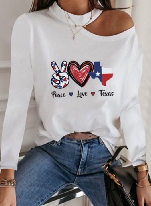 Women's T-shirts Solid Letter Cold Shoulder Asymmetric Round Neck Long Sleeve Daily T-shirts