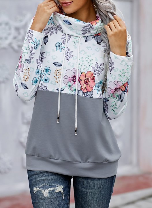 Color Block Long Sleeve High Neck Floral Sweatshirt