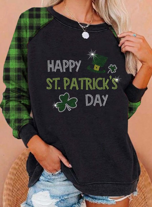 Women's Sweatshirts Plaid Letter Shamrock Print Hot-drilling Long Sleeve Round Neck Sweatshirt