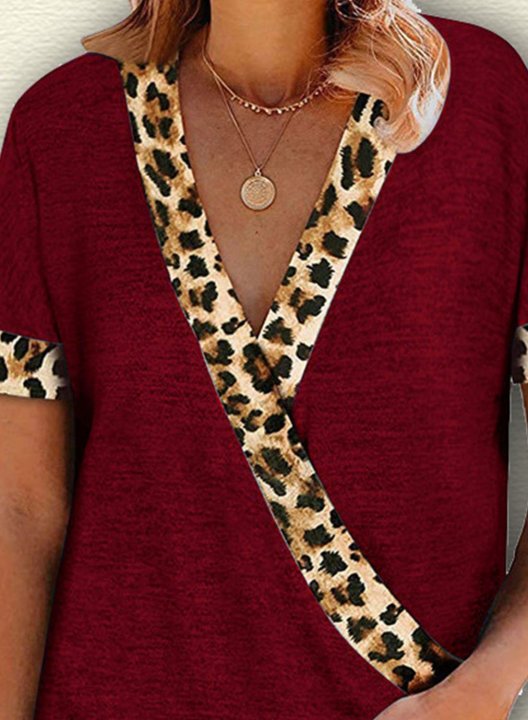 Women's T-shirts Leopard Color Block Print Short Sleeve V Neck Daily T-shirt