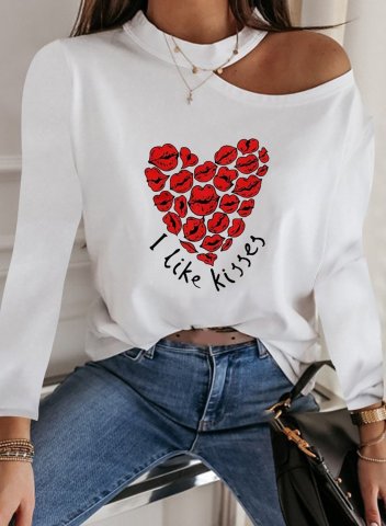 Women's T-shirts Solid Heart Lip-print Long Sleeve Crew Neck Cold Shoulder T-shirt