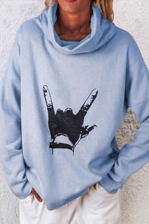 Gesture Print Casual Long Sleeves Loose Cowl Neck Sweatshirt