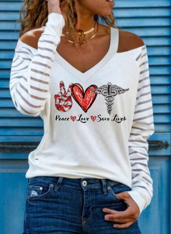 Women's Pullovers Letter Heart-shaped Print Long Sleeve Cold Shoulder Pullover