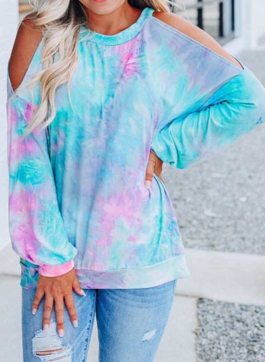 Women's Pullovers Color Block Tiedye Long Sleeve Round Neck Cold Shoulder Casual Pullover