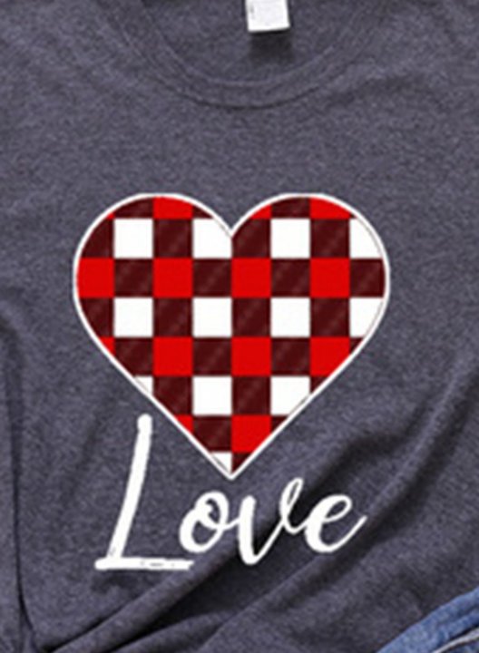 Women's T-shirts Plaid Heart Print Color Block Short Sleeve Round Neck Daily T-shirt