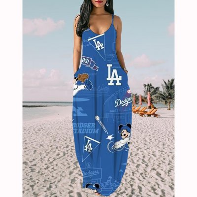 Women's Los Angeles Dodgers Baseball Team Print Sling Pocket Sleeveless Loose Holiday Style Long Dress