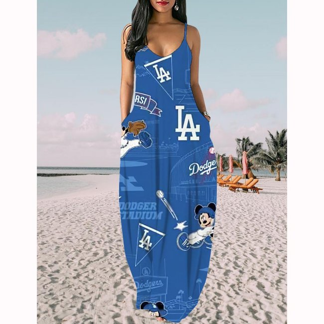 Women's Los Angeles Dodgers Baseball Team Print Sling Pocket Sleeveless Loose Holiday Style Long Dress