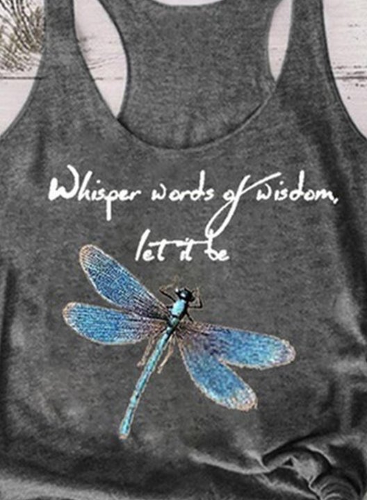Women's Tank Tops Casual Solid Dragonfly Letter Summer Sleeveless Round Neck Tops
