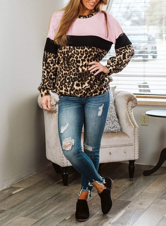 Leopard/Color Block Long Sleeve Round Neck Sweatshirt