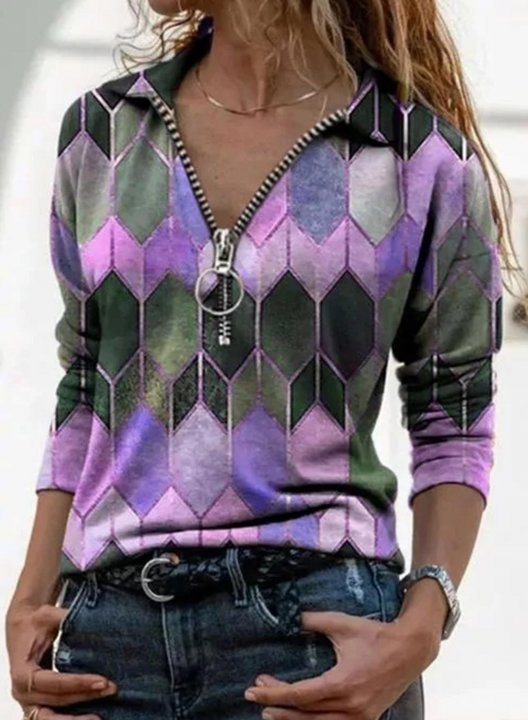 Color-Block Long Sleeve Shirt Collar Abstract Women's Zipper Tops