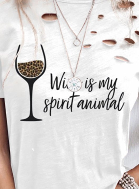 Women's T-shirts Leopard Letter Print Short Sleeve Round Neck Daily Cut-out T-shirt