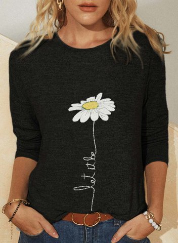 Solid Floral Round Neck Long Sleeve Tunic Sweatshirt